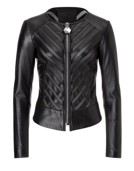 Women's Round Neck Leather Jacket