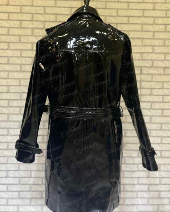 Women's Belted Faux Patent- Black Leather Trench Coat