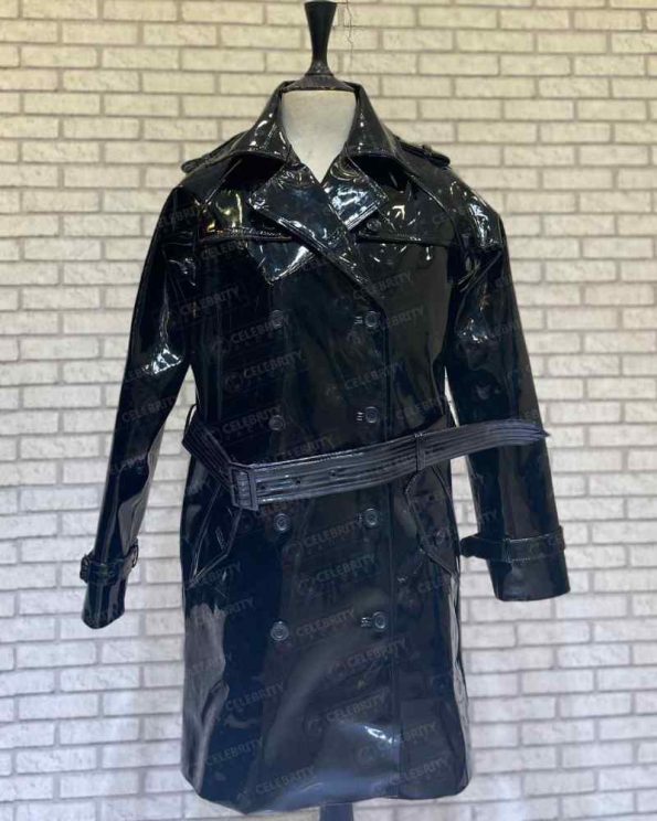 Women's Belted Faux Patent- Black Leather Trench Coat