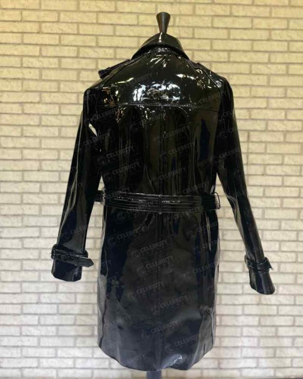 Women's Belted Faux Patent- Black Leather Trench Coat