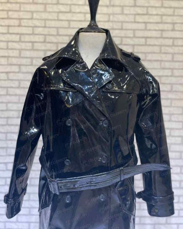 Women's Belted Faux Patent- Black Leather Trench Coat