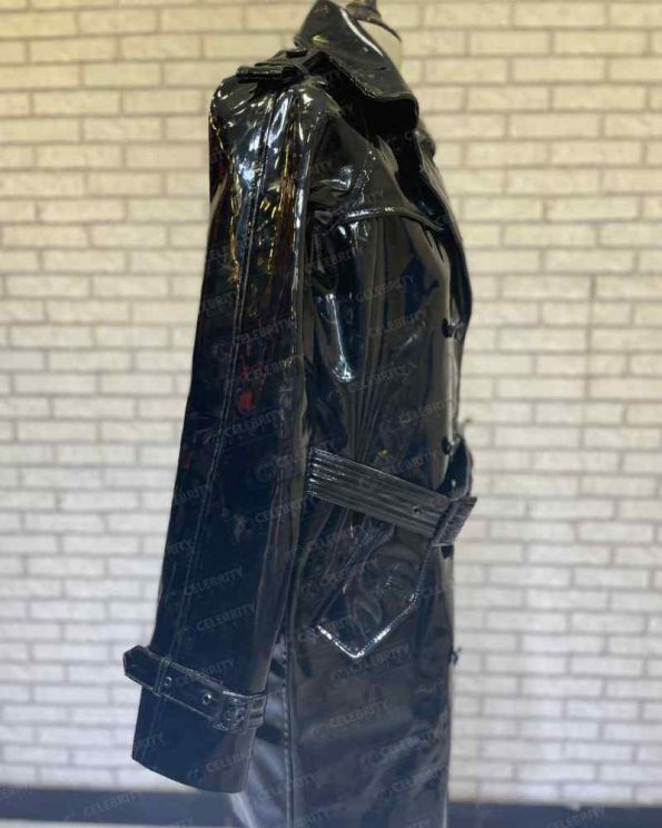 Women's Belted Faux Patent- Black Leather Trench Coat