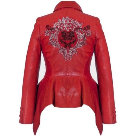 Back view of Women's Red Peplum Leather Jacket