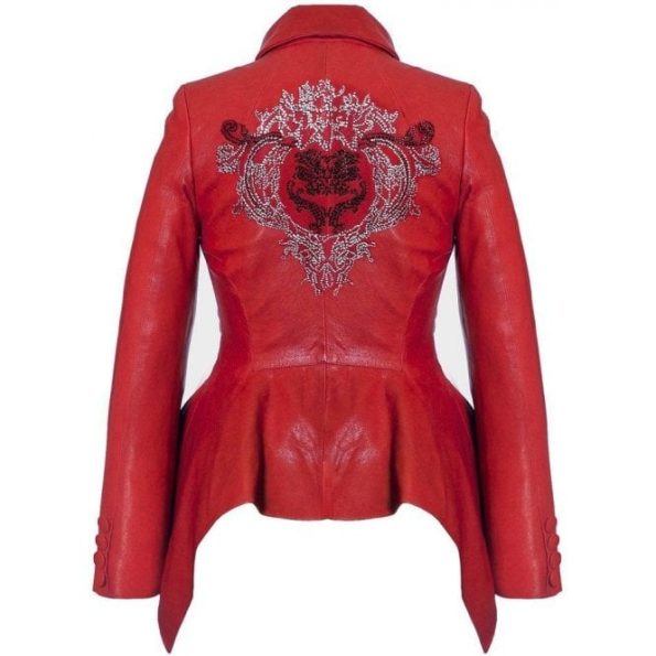 Back view of Women's Red Peplum Leather Jacket