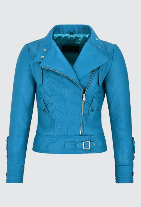 Women's Blue Leather Biker Jacket