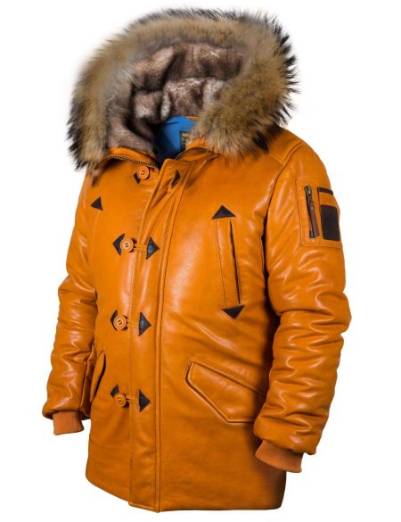 Orange Leather Parka Jacket