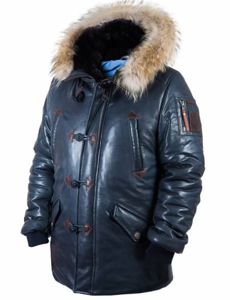 Side view of Parka Blue Leather Jacket