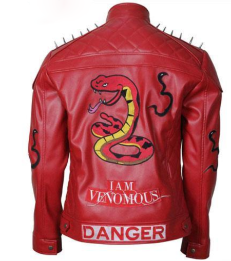 Back view of Danger Poison Snake Bite Last Breath Biker Jacket