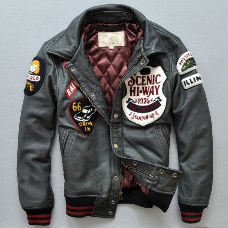 Men's Patches Gray Leather Jacket