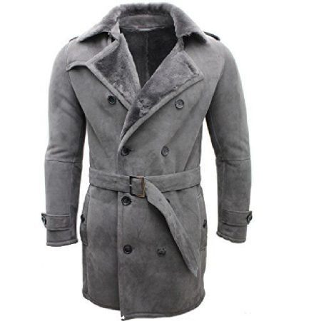 Military Real Sheepskin Suede Pea Coat