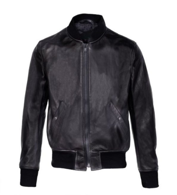 Lightweight Pebbled Cowhide MA-1 Jacket leather in black
