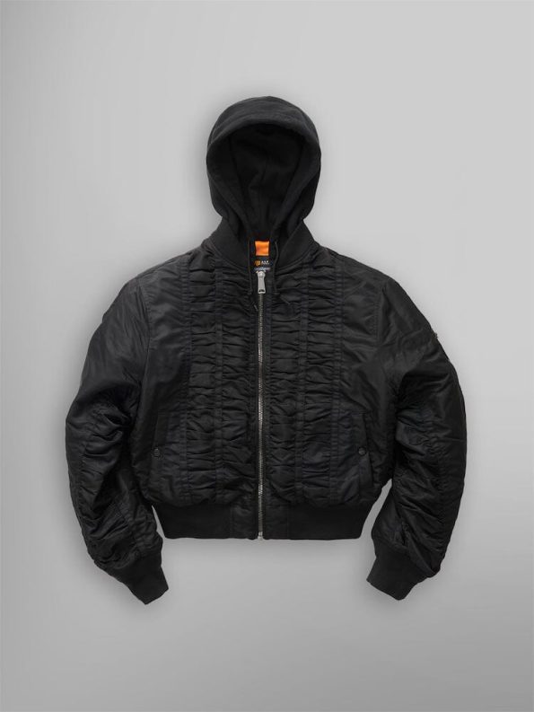 Alpha X Mademe Hooded Ruched Ma-1 Black Bomber Jacket