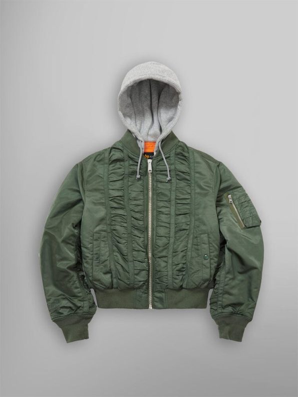 Alpha X Mademe Hooded Ruched Ma-1 Green Bomber Jacket