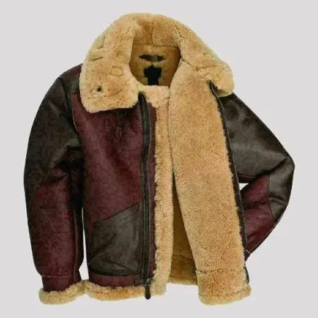 Collins Two Tone Burgundy and Black SF Bomber Shearling Real Leather Jacket