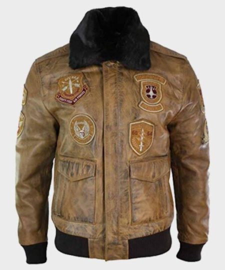 Devin Aviator Fur Collar Tan Bomber Brown Jacket With Patches