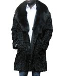 Jeffery Real Astrakhan Persian Lamb Karakul Black Warm Coat With Fox Fur Collar
