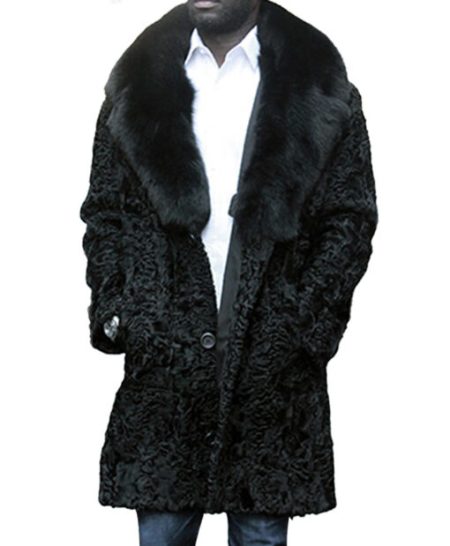 Jeffery Real Astrakhan Persian Lamb Karakul Black Warm Coat With Fox Fur Collar