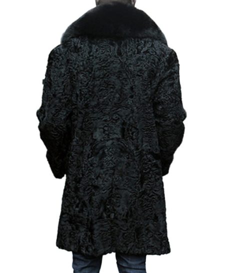 Jeffery Real Astrakhan Persian Lamb Karakul Black Warm Coat With Fox Fur Collar.