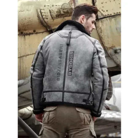 Jeremy SF Byboris Grey Black Shearling Fur Genuine Leather Jacket.