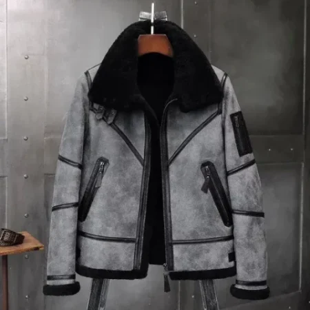 Jeremy SF Byboris Grey Black Shearling Fur Genuine Leather Jacket