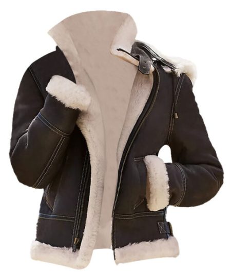 Karen-sf Bomber Aviator Shearling Fur Brown Warm Winter Leather Jacket With Detachable Hood