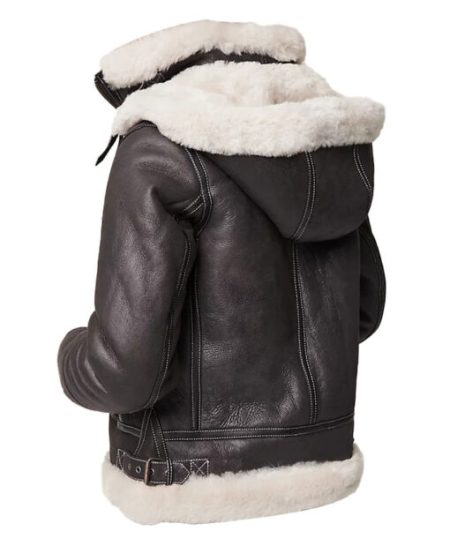 Karen-sf Bomber Aviator Shearling Fur Brown Warm Winter Leather Jacket With Detachable Hood.