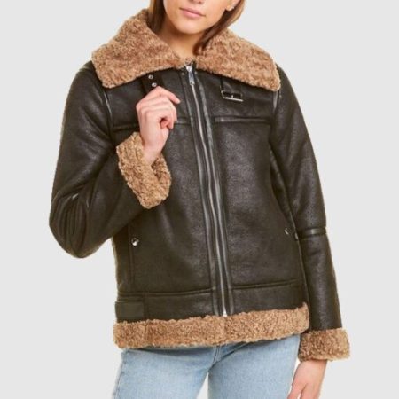 Laura Black Sf Bomber Aviator Pilot Flight Sheepskin Brown Shearling Fur Jacket