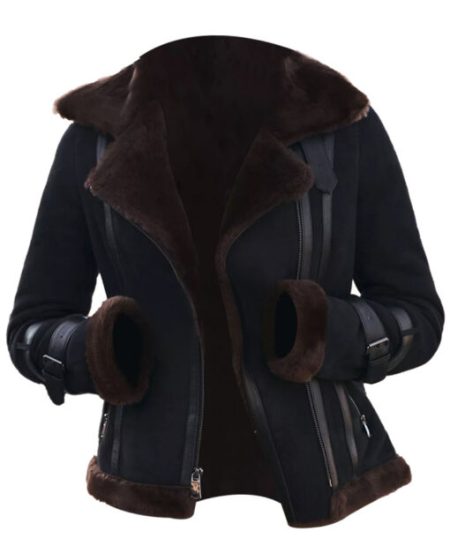 Meghan Flight Pilot Aviator Shearling Fur B3 Bomber Warm Black Leather Jacket