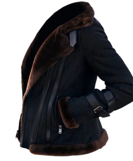 Meghan Flight Pilot Aviator Shearling Fur B3 Bomber Warm Black Leather Jacket.