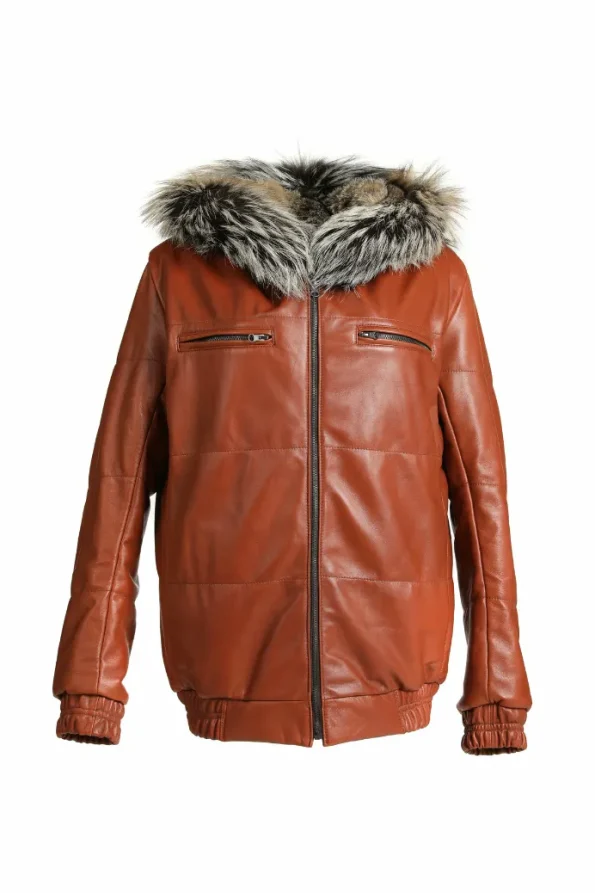 Mens And Womens Reversible Fox Fur Brown Leather Bomber Jacket With Hood