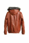Mens And Womens Reversible Fox Fur Brown Leather Bomber Jacket With Hood
