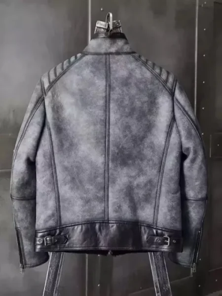 Men's Christopher Distressed Grey Black Padded Shoulders Shearling Leather Jacket.