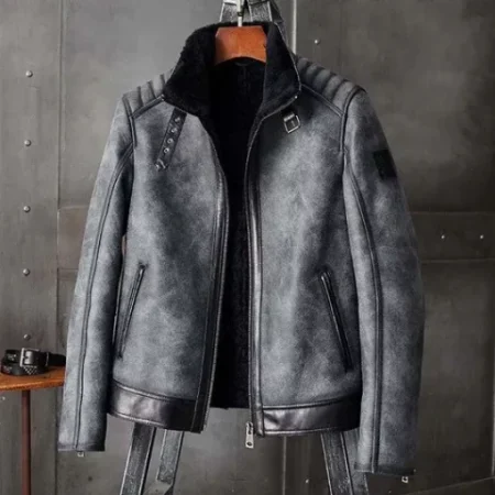 Men's Christopher Distressed Grey Black Padded Shoulders Shearling Leather Jacket