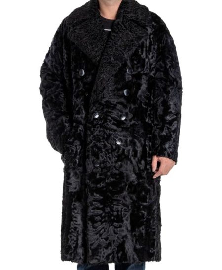 Men’s Double Breasted Real Persian Karakul Lamb Fur Black Long Trench Coat