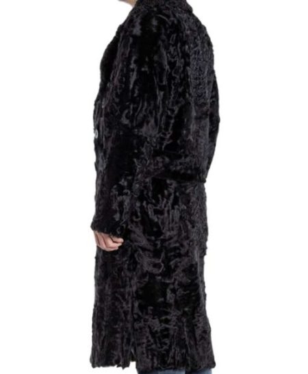 Men’s Double Breasted Real Persian Karakul Lamb Fur Black Long Trench Coat.