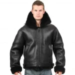 Mens Michael Large Shearling Fur Collar Bomber Black Leather Jacket