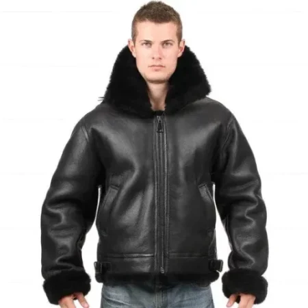 Mens Michael Large Shearling Fur Collar Bomber Black Leather Jacket