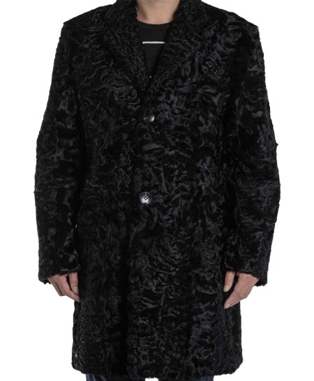 Men’s Real Persian Astrakhan Lamb Curly Fur Mid Length Black Coat