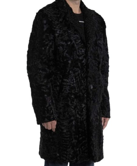 Men’s Real Persian Astrakhan Lamb Curly Fur Mid Length Black Coat.
