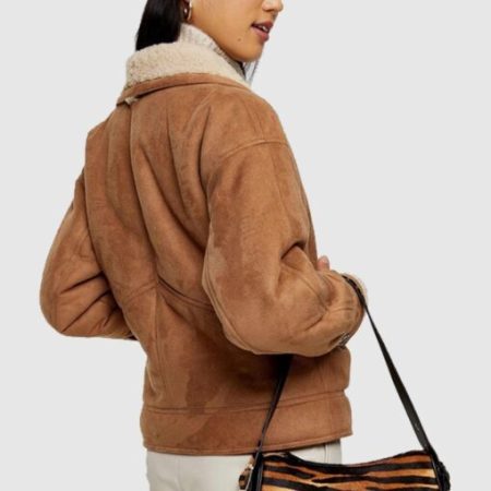 Rachel Omega Brown Faux Shearling Fur Buttoned Closure Leather Jacket.