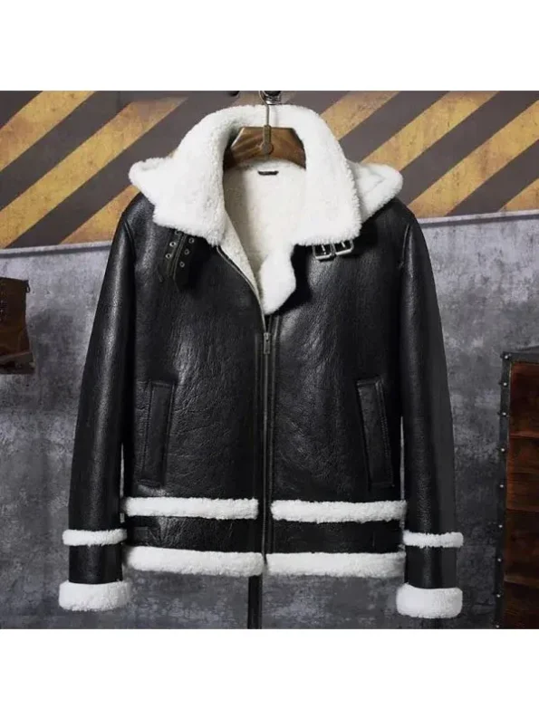 Raymond-SF Black Bomber Hooded Shearling Genuine Leather Jacket