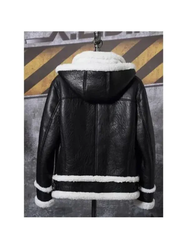 Raymond-SF Black Bomber Hooded Shearling Genuine Leather Jacket.