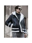 Raymond-SF Black Bomber Hooded Shearling Genuine Leather Jacket