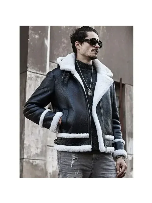 Raymond-SF Black Bomber Shearling Genuine Leather Jacket