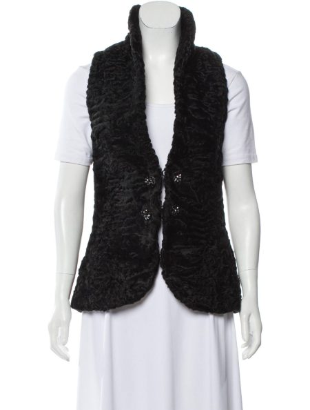 Real Persian Astrakhan Lamb Women Shawl Lapel Collar Fur Waistcoat Vest