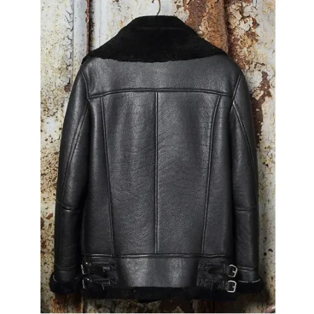 Rogers Asymmetrical Zipper Double Collar Biker Shearling Fur Aviator Black Leather Jacket.