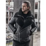 Rogers Asymmetrical Zipper Double Collar Biker Shearling Fur Aviator Black Leather Jacket