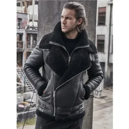 Rogers Asymmetrical Zipper Double Collar Biker Shearling Fur Aviator Black Leather Jacket