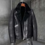 Tyler Distressed Black Asymmetrical Zipper Shearling Fur Genuine Leather Jacket
