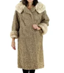 Women’s Astrakhan Persian Karakul Lamb Fur Mid Length Coat With Real Cream Mink Fur Collar